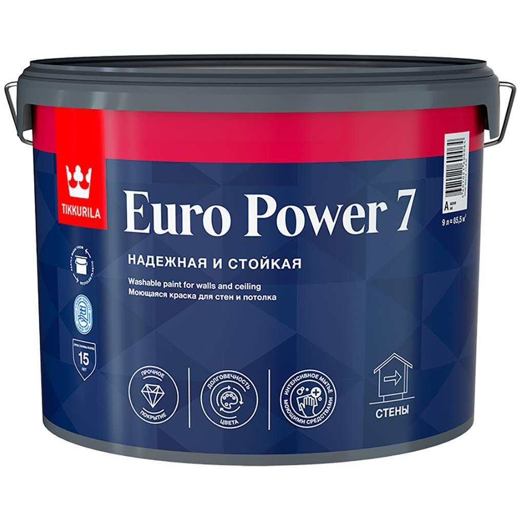 Краска водно-дисперсионная для стен и потолка Tikkurila Euro Power-7 моющаяся 9л 3475 Tikkurila от магазина Tehnorama