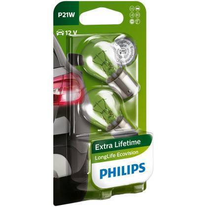 товар Лампа автомобильная накаливания Philips LongLife EcoVision P21W 12V 21W BA15s 2шт 12498LLECOB2 Philips магазин Tehnorama (официальный дистрибьютор Philips в России)