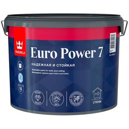 товар Краска водно-дисперсионная для стен и потолка Tikkurila Euro Power-7 моющаяся 9л 3475 Tikkurila магазин Tehnorama (официальный дистрибьютор Tikkurila в России)