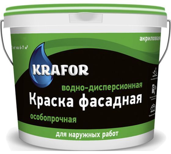 Краска водно-дисперсная фасадная Krafor особопрочная белая 40кг 30224 Krafor от магазина Tehnorama