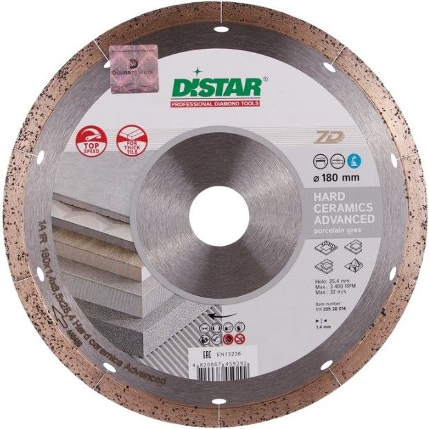 Алмазный диск сплошной по керамике Distar Hard ceramics Advanced 1A1R 250x1.5x25.4мм высота сегмента 10мм 11120349019 Distar от магазина Tehnorama