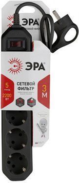 товар Сетевой фильтр с выключателем Эра 5 розеток 3м черный ПВС 3х0,75 2,2 кВт USF-5es-3m-B Эра магазин Tehnorama (официальный дистрибьютор Эра в России)