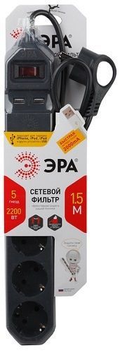 товар Сетевой фильтр с выключателем Эра 5 розеток 1.5м черный ПВС 3х0,75 2,2 кВт USF-5es-1,5m-B ЭРА магазин Tehnorama (официальный дистрибьютор ЭРА в России)