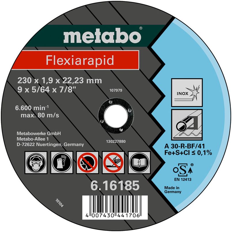 Круг отрезной Metabo Flexrapid по нержавеющей стали 230x1.9x22.2мм прямой A60R 616185000 Metabo от магазина Tehnorama