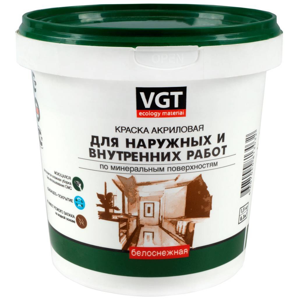 Краска ВД-АК-1180 для наружных и внутренних работ VGT белоснежная моющаяся 1.5кг 15320 VGT от магазина Tehnorama