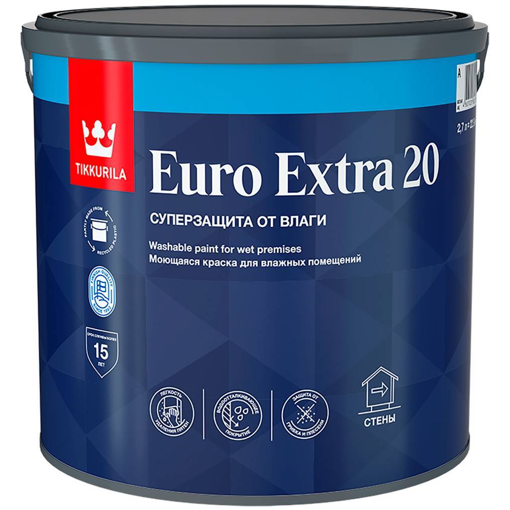 Краска водно-дисперсионная для влажных помещений Tikkurila Euro Extra 20 моющаяся 2.7л 21349 Tikkurila от магазина Tehnorama