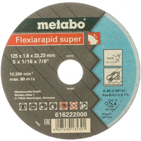 Круг отрезной Metabo Flexiarapid Super по нержавеющей стали 125x1.6мм прямой А46U 616222000 Metabo от магазина Tehnorama